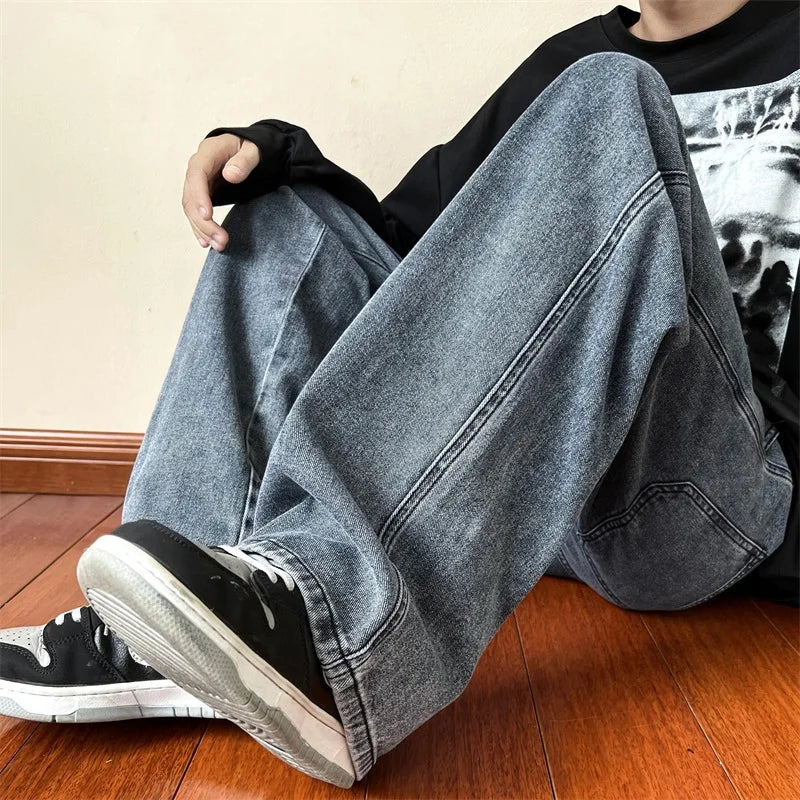 New Korean Fashion Men's Baggy Jeans High Street Man Straight Denim Wide-leg Pants Hip Hop Bagy Light Blue Grey Black