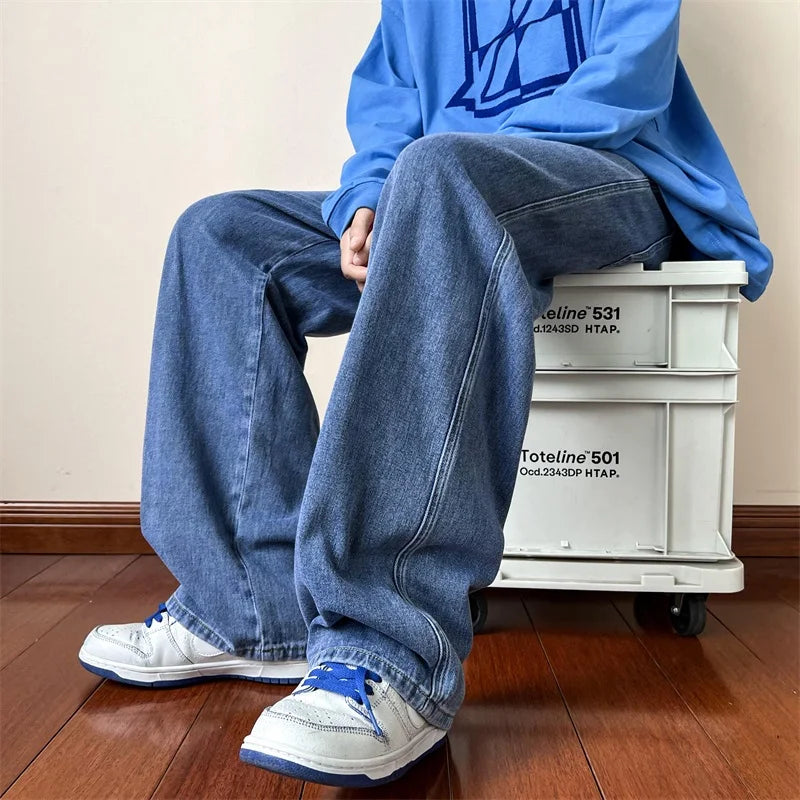 New Korean Fashion Men's Baggy Jeans High Street Man Straight Denim Wide-leg Pants Hip Hop Bagy Light Blue Grey Black