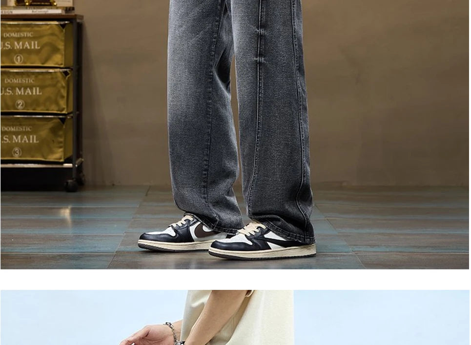 Men's Baggy Straight-Leg Denim Pants | Business Casual Wide-Loose Fit Jeans for Spring/Autumn All-Season Styling