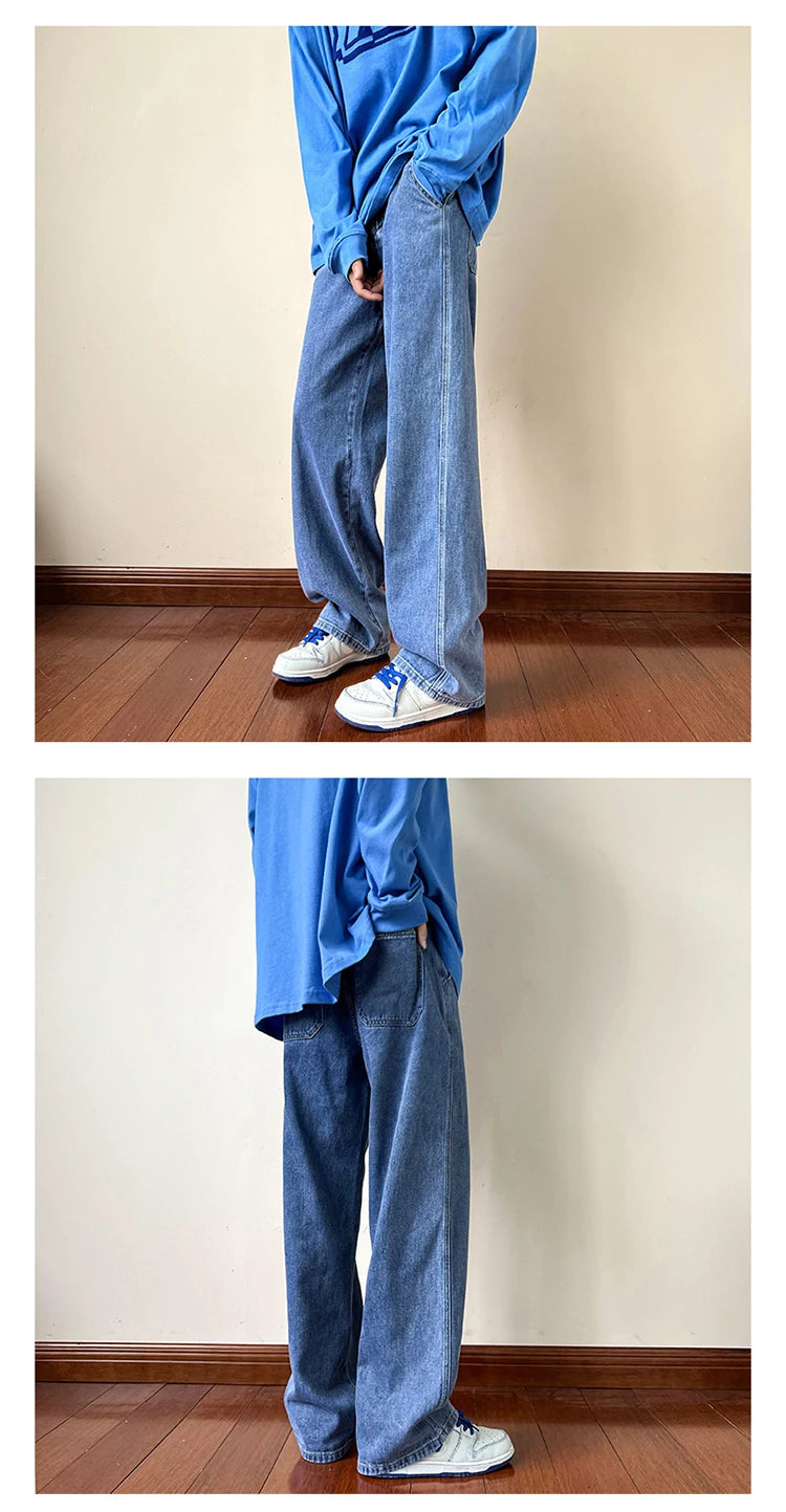 New Korean Fashion Men's Baggy Jeans High Street Man Straight Denim Wide-leg Pants Hip Hop Bagy Light Blue Grey Black