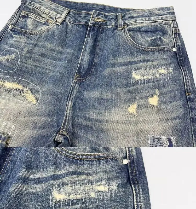Baggy Jeans Vintage Distressed Patchwork Jeans Men's Street Streetwear