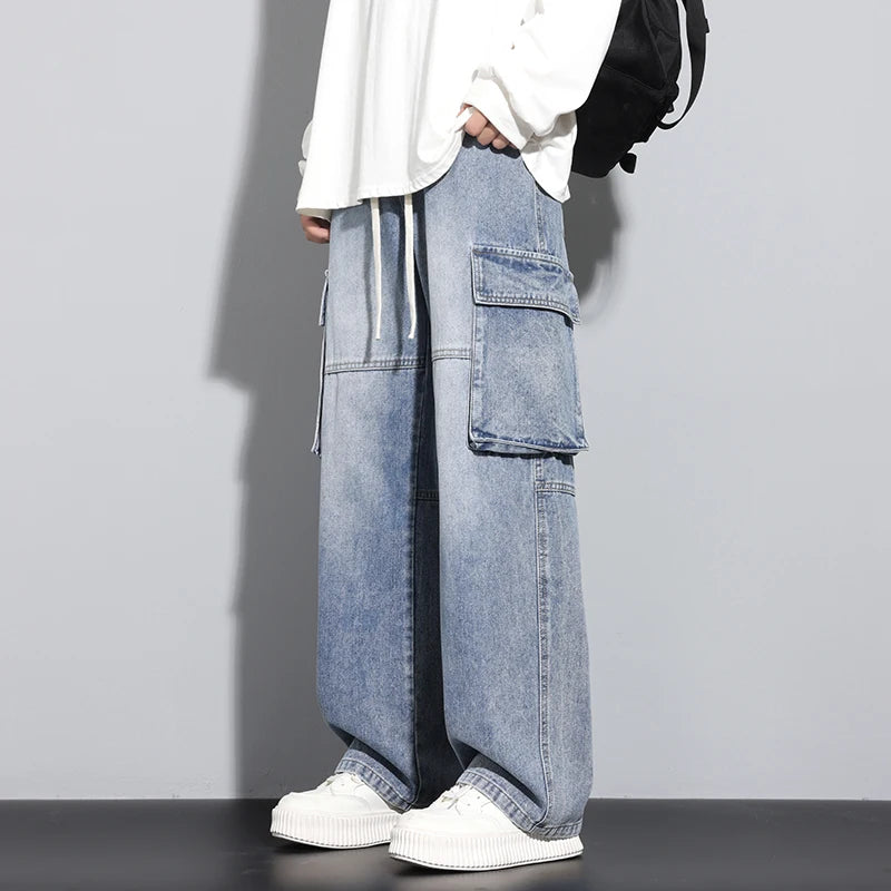 Baggy Men's Wide Leg Jeans Streetwear Fashion Big Pocket Cargo Pants Hip Hop Spliced Retro Loose Straight  Autumn Trousers