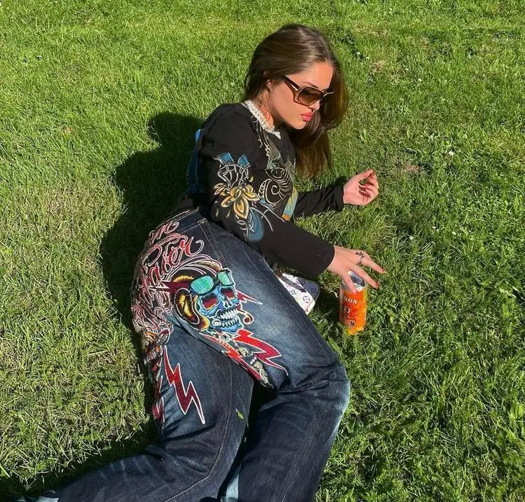 Baggy Wide Leg Y2K 2000s Loose Jeans Embroidered Buddha Casual Denim Pants Harajuku High Waist Straight Jeans Y2k Women Clothing