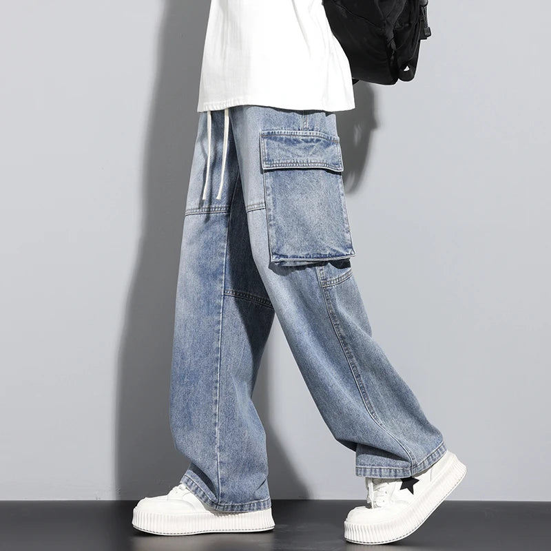 Baggy Men's Wide Leg Jeans Streetwear Fashion Big Pocket Cargo Pants Hip Hop Spliced Retro Loose Straight  Autumn Trousers