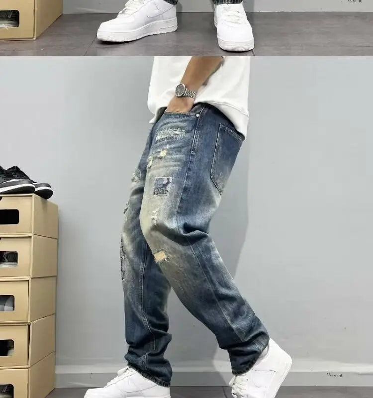 Baggy Jeans Vintage Distressed Patchwork Jeans Men's Street Streetwear