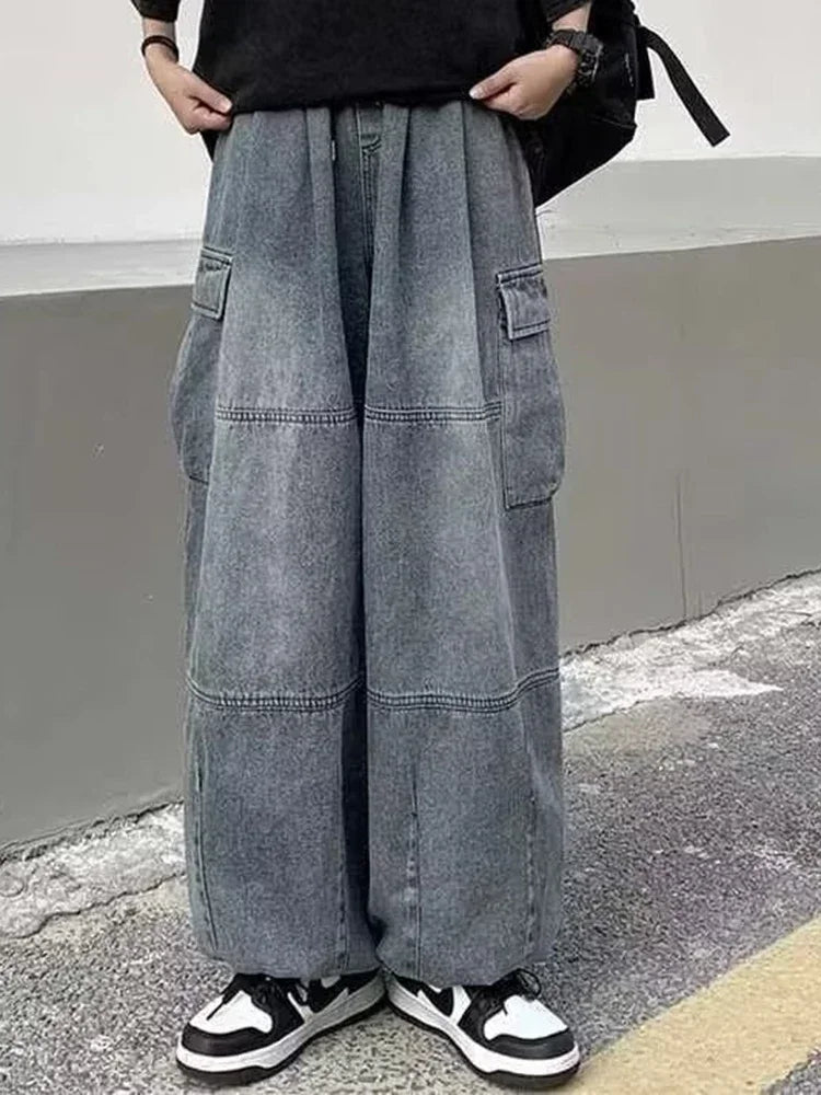 Men Retro Harajuku Wide Leg Jeans  Waist Streetwear Trousers