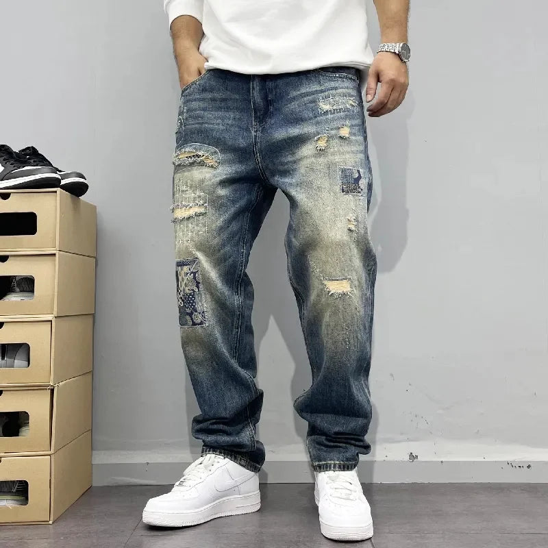 Baggy Jeans Vintage Distressed Patchwork Jeans Men's Street Streetwear
