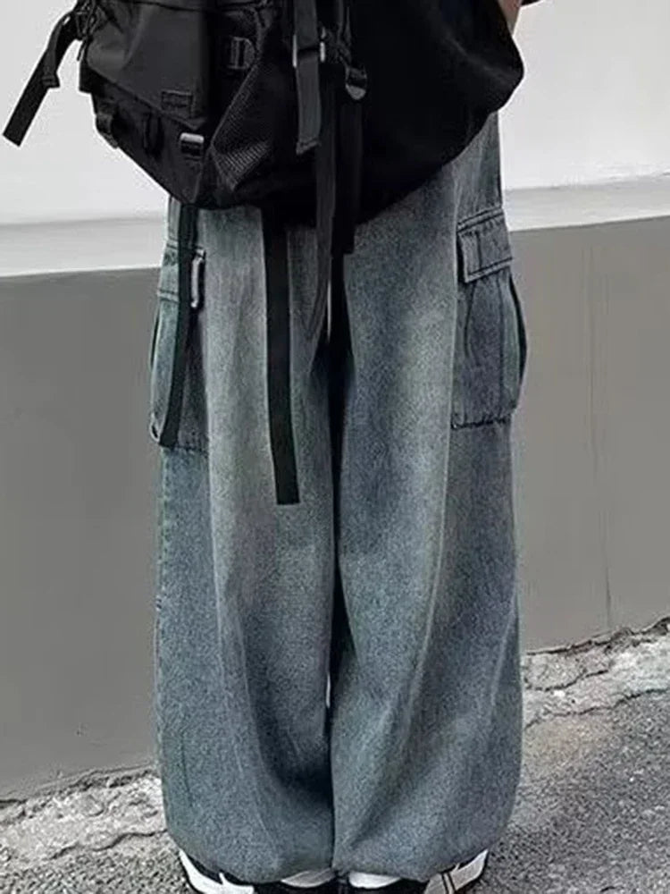 Men Retro Harajuku Wide Leg Jeans  Waist Streetwear Trousers