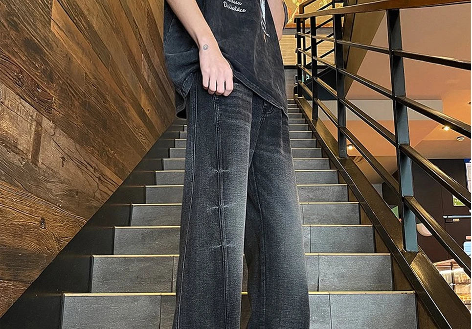 Men's Baggy Straight-Leg Denim Pants | Business Casual Wide-Loose Fit Jeans for Spring/Autumn All-Season Styling