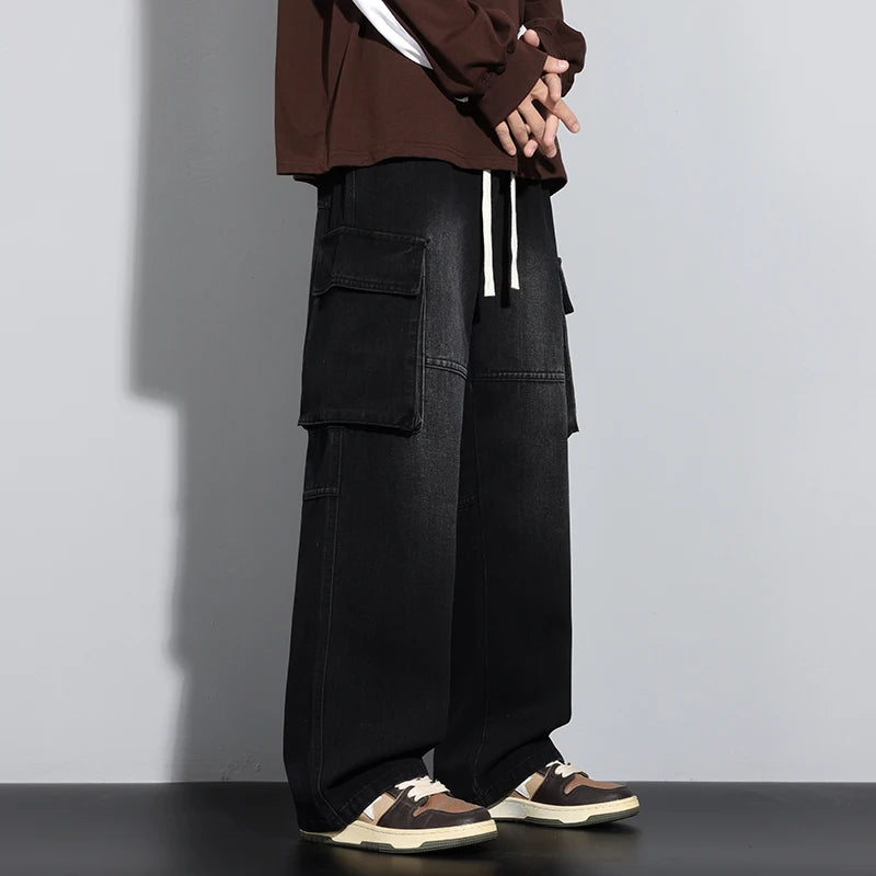 Baggy Men's Wide Leg Jeans Streetwear Fashion Big Pocket Cargo Pants Hip Hop Spliced Retro Loose Straight  Autumn Trousers