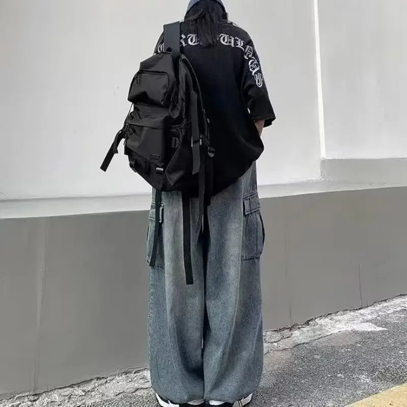 Men Retro Harajuku Wide Leg Jeans  Waist Streetwear Trousers