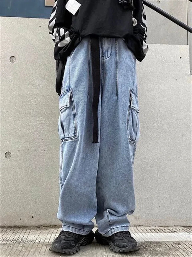 Baggy Jeans big pocket Trousers Male Denim cargo Pants Wide Leg Pant Men's Jeans Loose Casual Streetwear Hip Hop Harajuku 2025