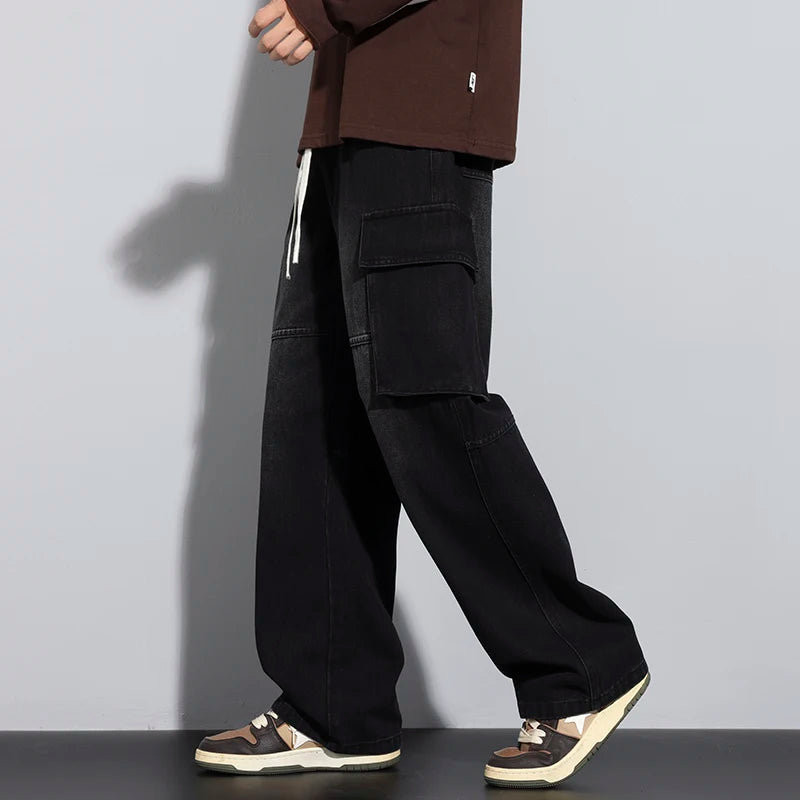 Baggy Men's Wide Leg Jeans Streetwear Fashion Big Pocket Cargo Pants Hip Hop Spliced Retro Loose Straight  Autumn Trousers